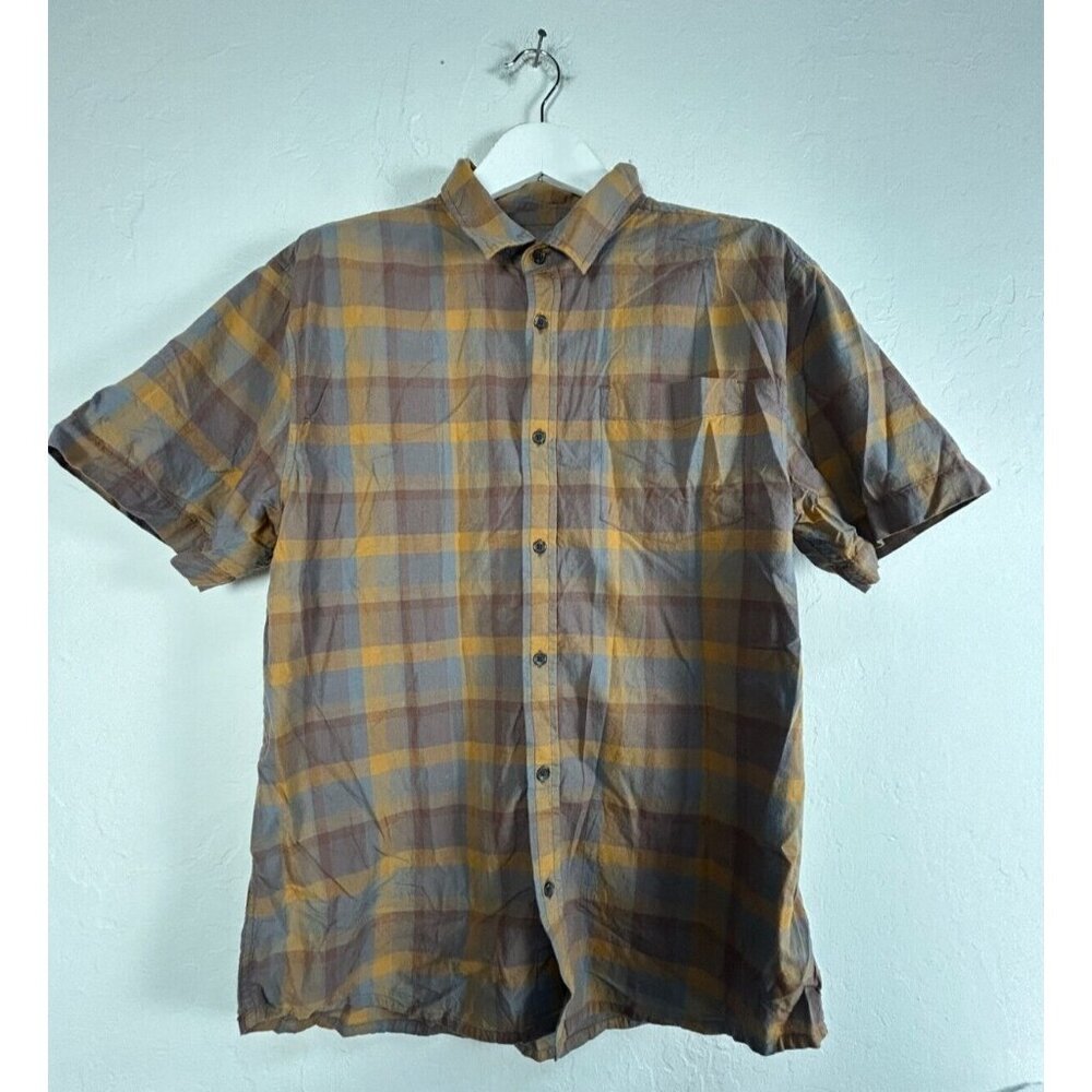 pRana Men's Button Down Woven Shirt Brown Gold Box Plaid Slim Fit Cotton Size XL